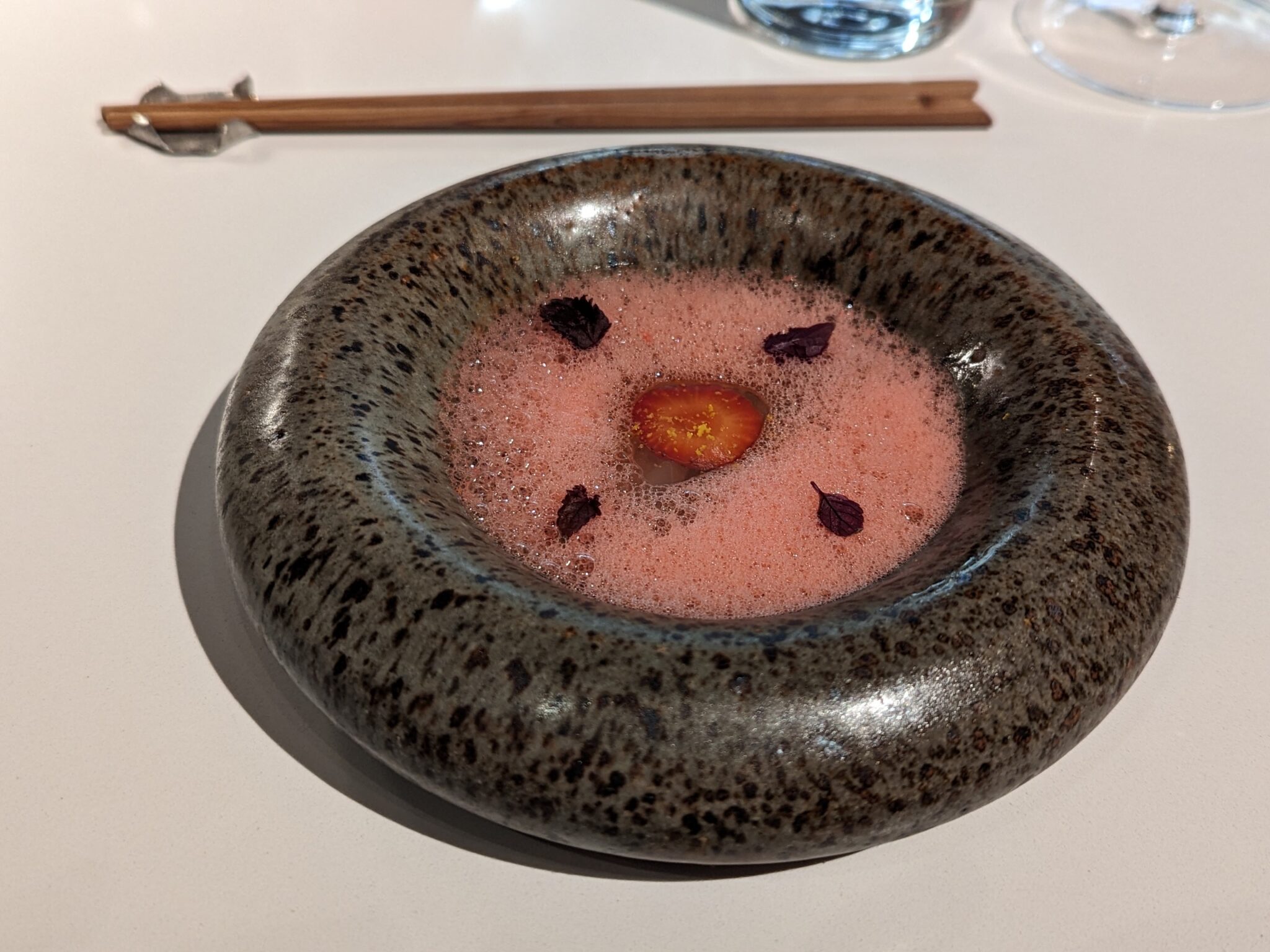 Kobujime hirame, strawberry three ways, micro shiso at Nisei