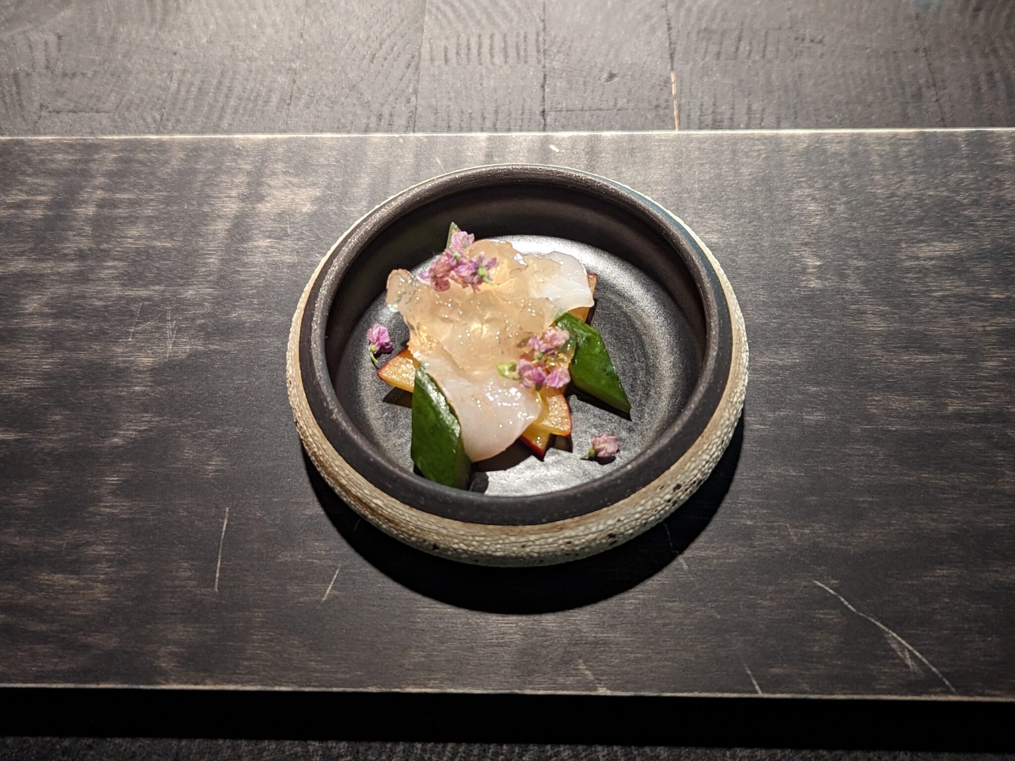 Managatsuo, Plums, Ginger-Shiso Dashi Gelee at Cyrus