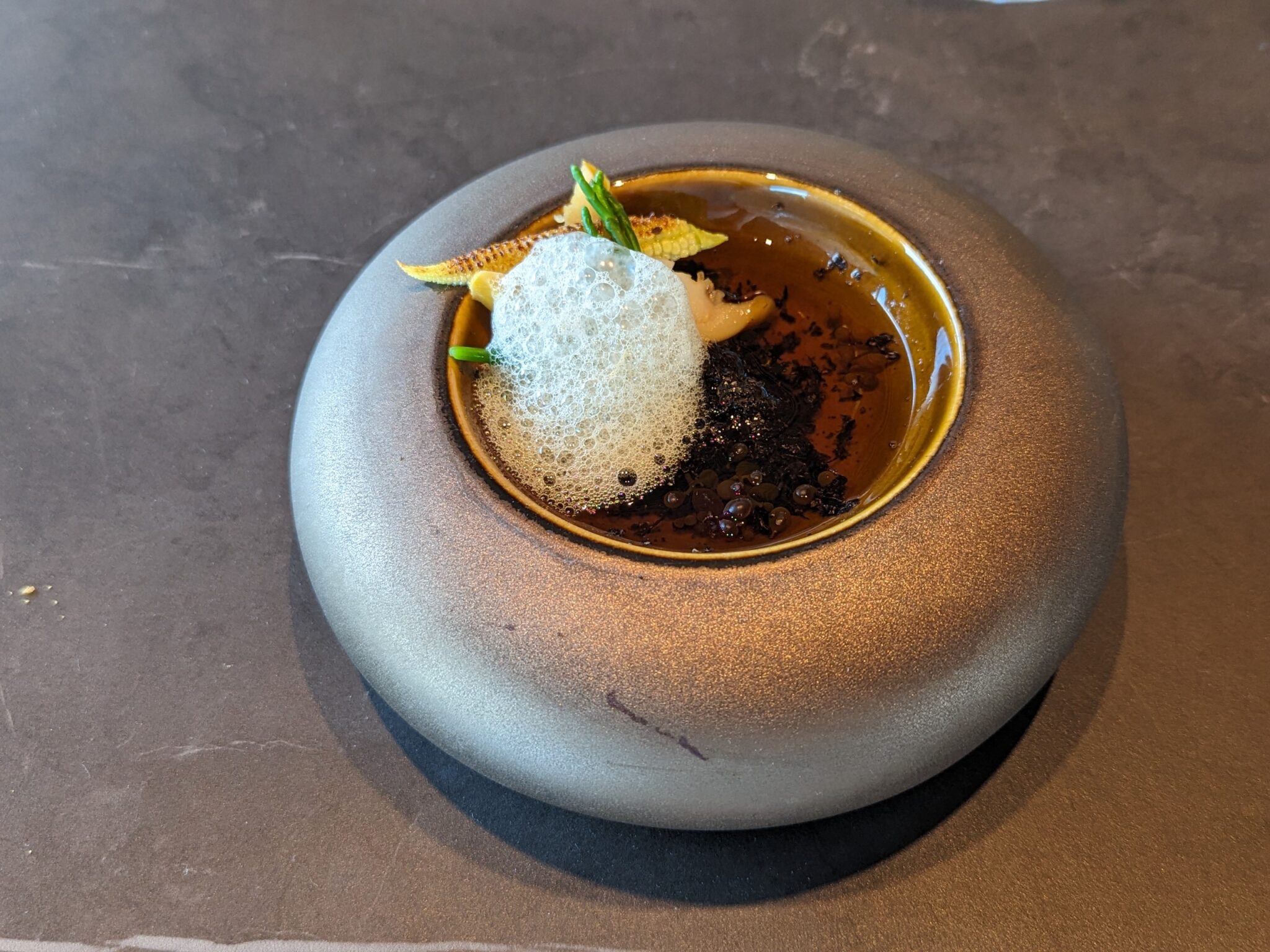 Pampered Abalone Corn-Shio Koji Broth Uni form at Cyrus