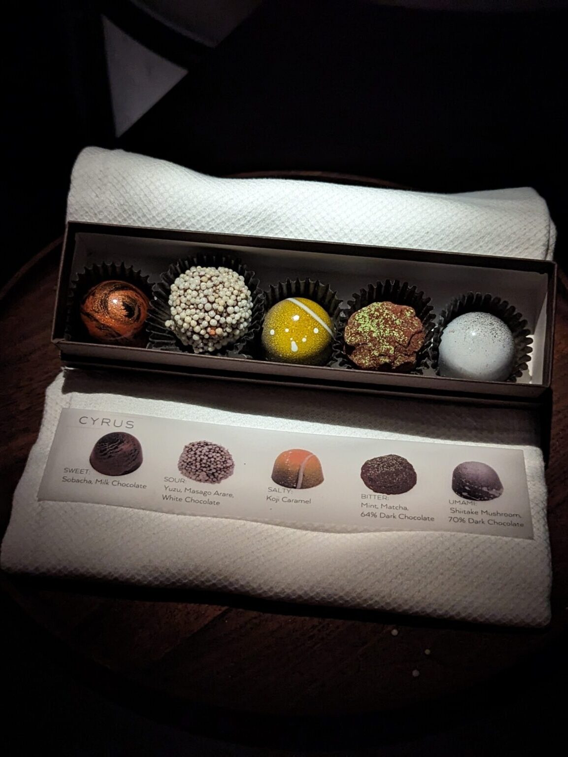 Box of Chocolates at Cyrus Sweet, Sour, Salty, Bitter, Umami